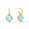 Honeybee Hoop & Charm Earrings with light blue chalcedony and gold hoops.
