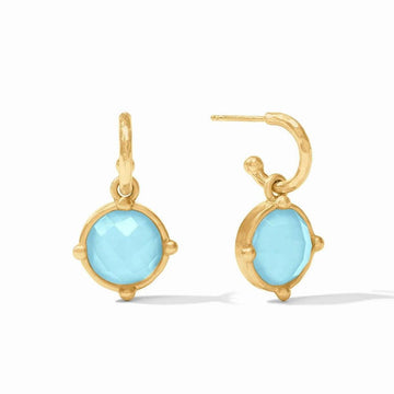 Honeybee Hoop & Charm Earrings with light blue chalcedony and gold hoops.
