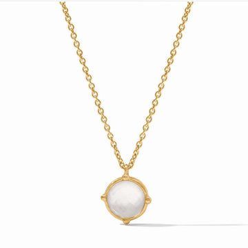 Gold chain necklace featuring a round, white gemstone pendant.
