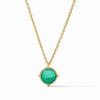 Gold chain necklace featuring a single, round green gemstone pendant.
