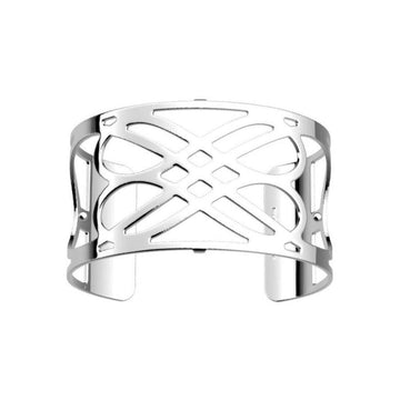 Silver cuff bracelet with intricate cutout design.

