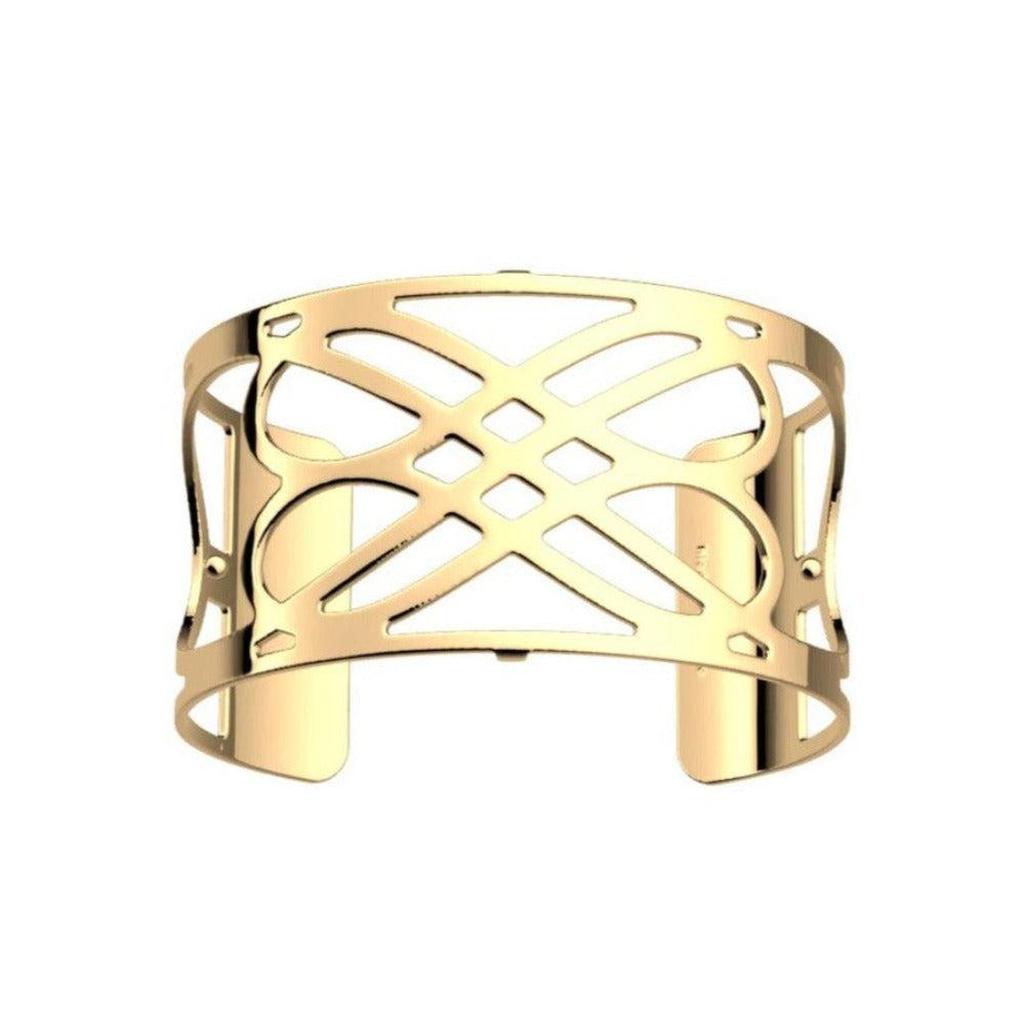Gold Infinity Cuff bracelet with intricate cutout design.
