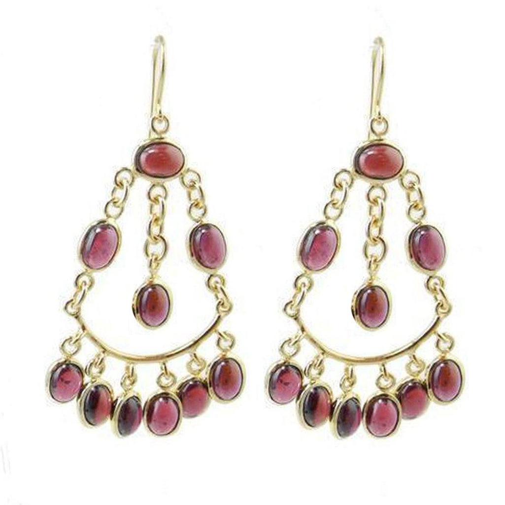 Joy Garnet Earrings:  Gold chandelier earrings featuring rich red garnet stones.
