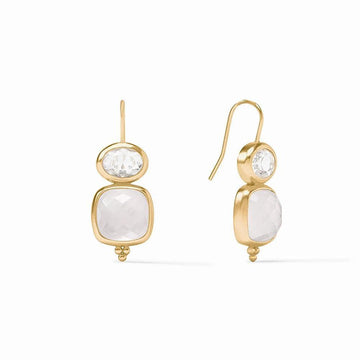 Gold drop earrings featuring clear and milky quartz gemstones.

