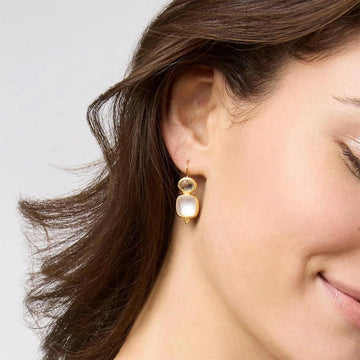 Gold drop earrings featuring milky quartz and smoky quartz accents.
