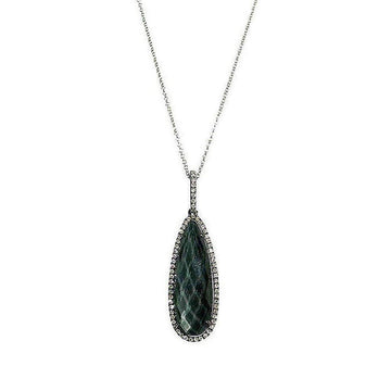 Elegant teardrop labradorite pendant necklace, accented with a diamond halo.
