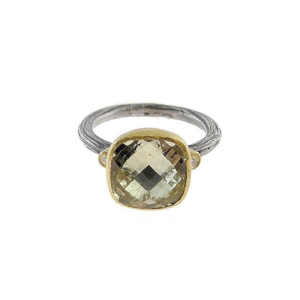 Lemon Quartz ring with diamonds, featuring a cushion-cut gemstone and textured band.

