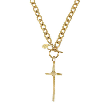 Gold long cross pendant necklace with toggle clasp on a chunky chain
