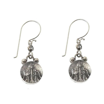 Silver guardian angel hook earrings with etched disc detail.
