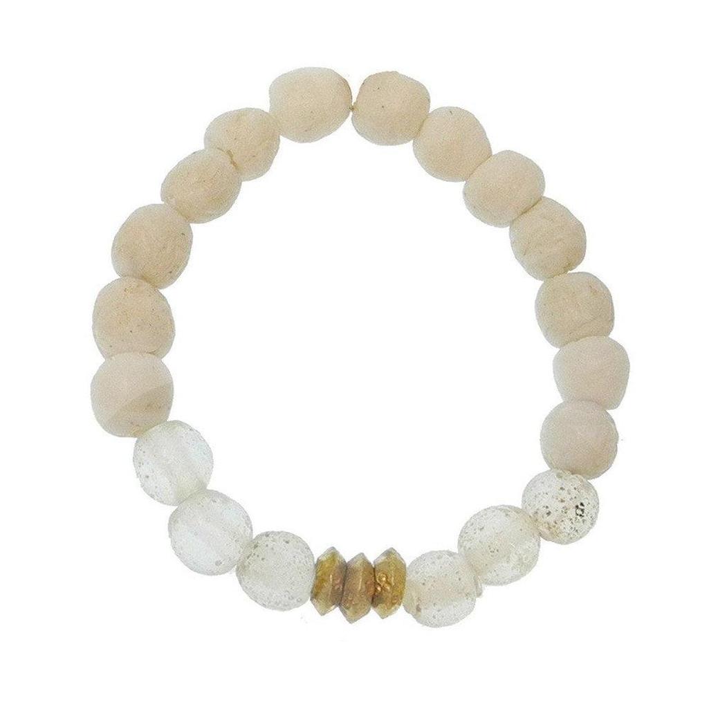 Cream & white beaded meditation bracelet with gold accents.
