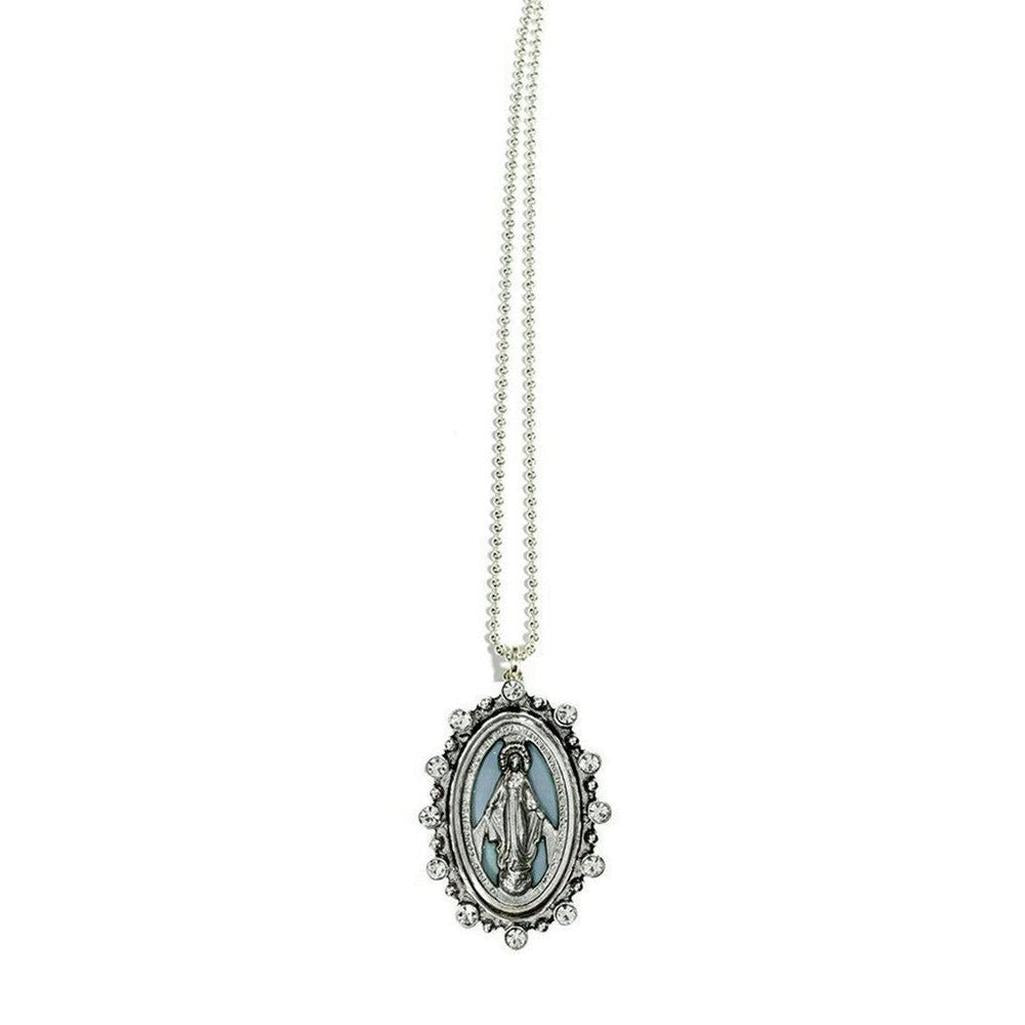 Silver chain necklace featuring an oval Miraculous Medal pendant with rhinestone accents.
