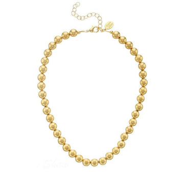 Mini Margaret gold bead necklace; elegant, gold-tone, matte finish.
