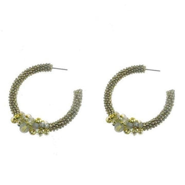 Beaded silver hoop earrings with gold and clear accents.
