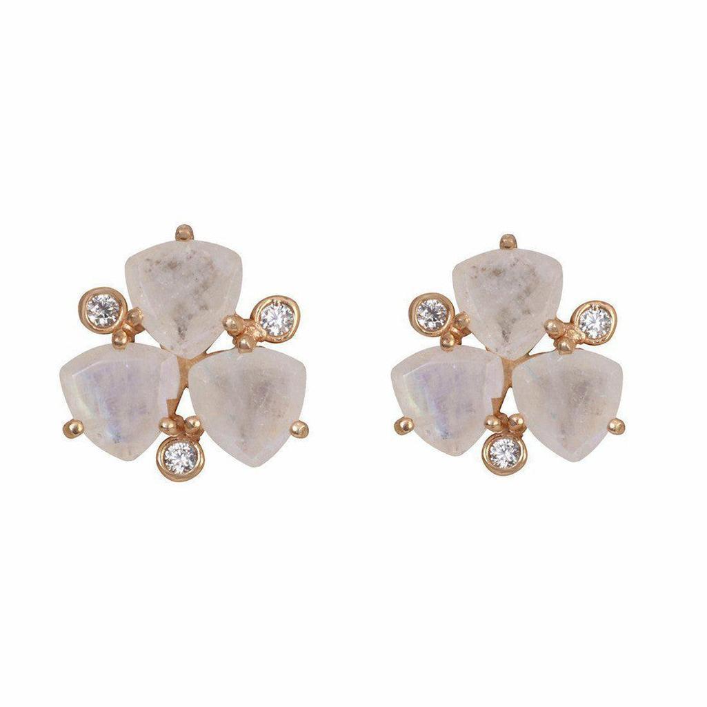 Rose gold Moonstone earrings; three triangular moonstones & diamonds.
