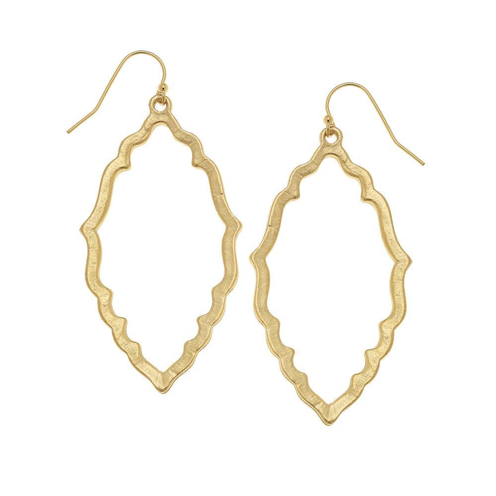 Gold Open Cut Dangle Earrings:  Elegant, textured gold-tone metal, statement style.
