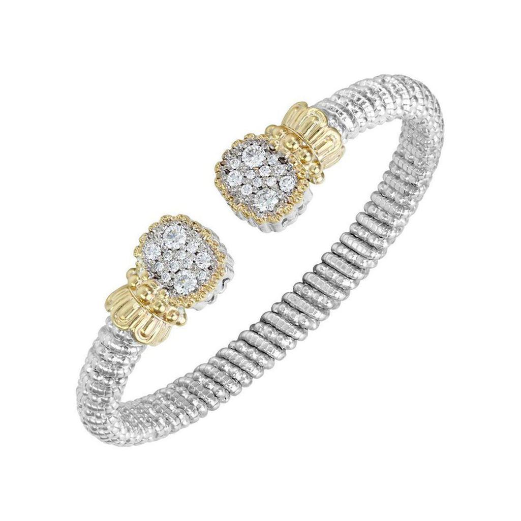Open Pave Cap Bracelet: Two-tone silver and gold bracelet with pave diamond accents.
