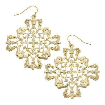 Gold ornate filigree drop earrings with intricate detailing.

