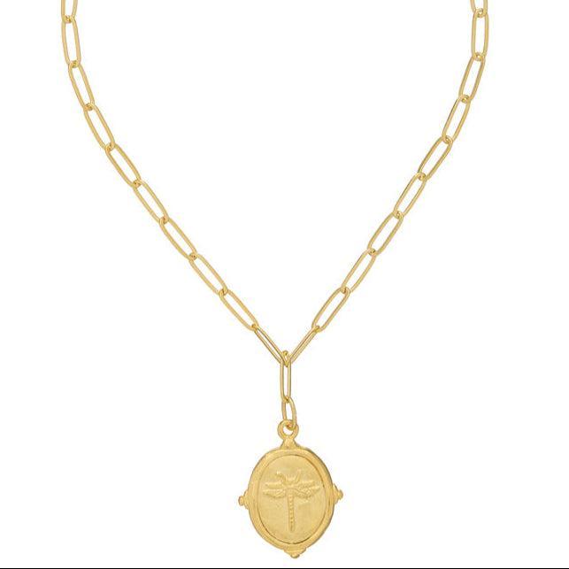 Gold dragonfly pendant necklace with paperclip chain
