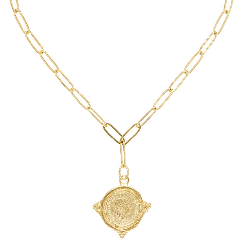 Gold paperclip chain necklace with antique coin pendant
