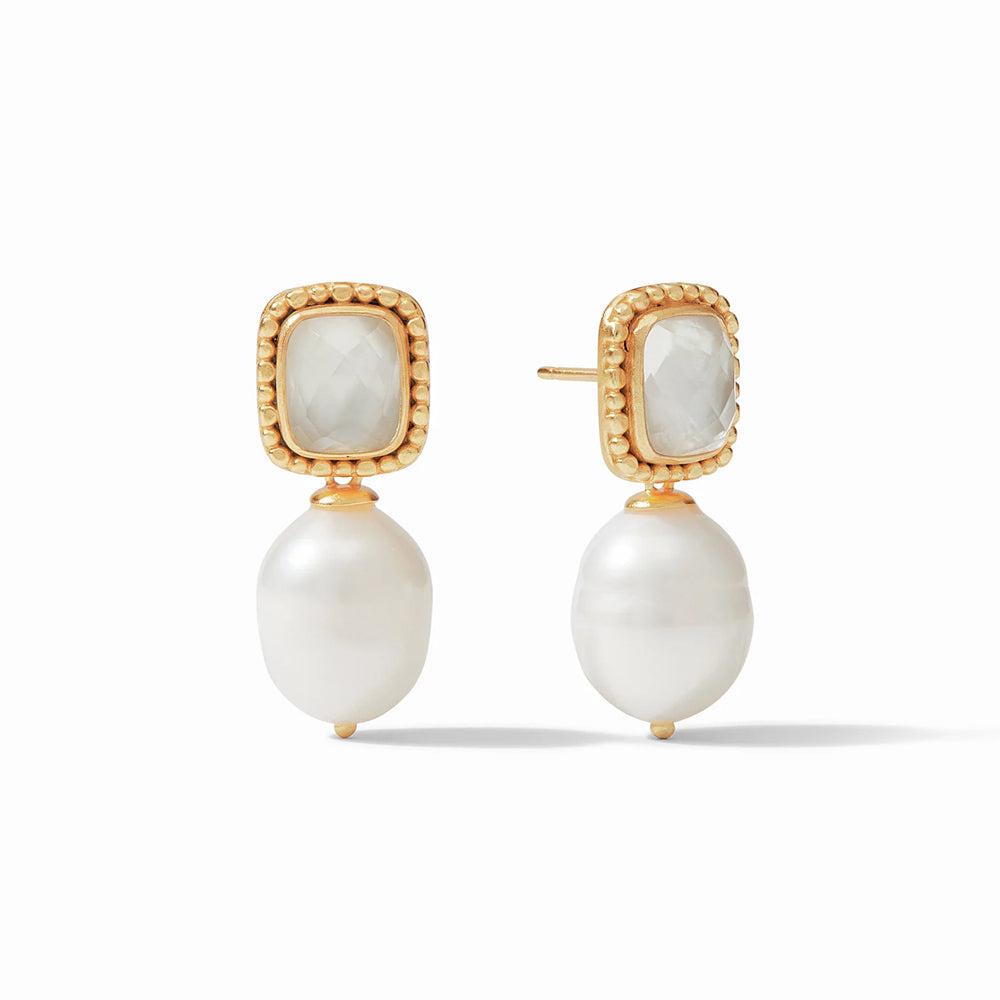 Marbella earrings: gold-plated, featuring a white gemstone & pearl accents.
