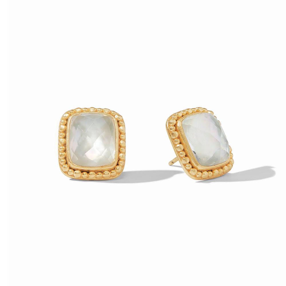 Gold stud earrings featuring a square mother-of-pearl stone.
