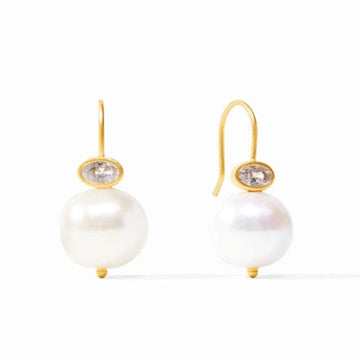 Marguerite Pearl Earrings: Elegant gold hook earrings featuring lustrous white pearls and sparkling clear zircon accents.
