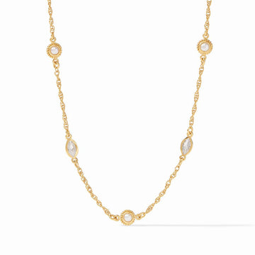 Monaco Delicate Necklace: Gold chain with pearls & marquise-cut stones.
